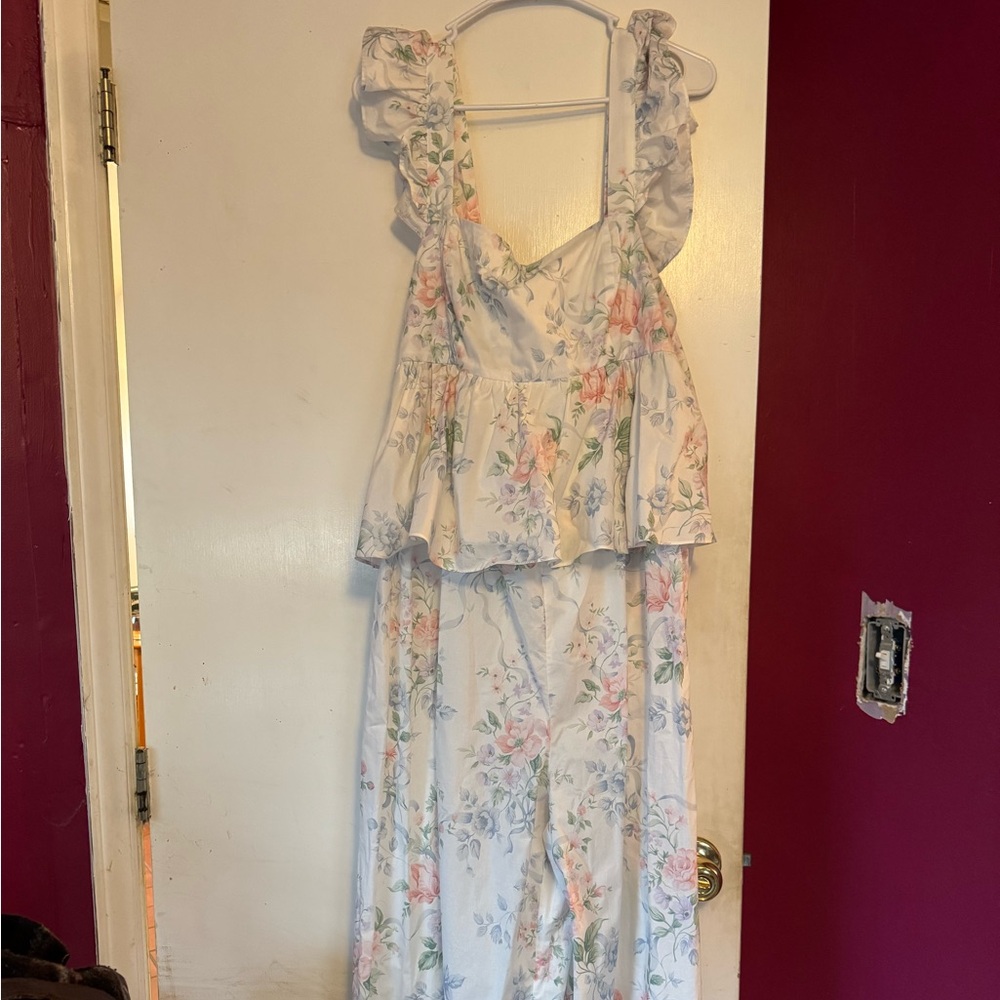 XL Mrs. Darcy Jumpsuit from Selkie; Pastel Flowers on White